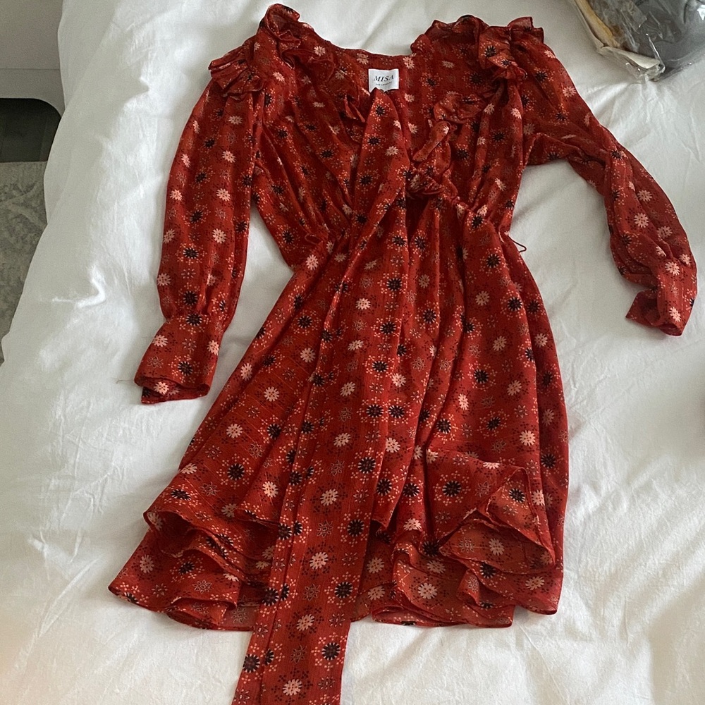 Misa Los Angeles Rust Red Floral Ruffle Wrap Dress